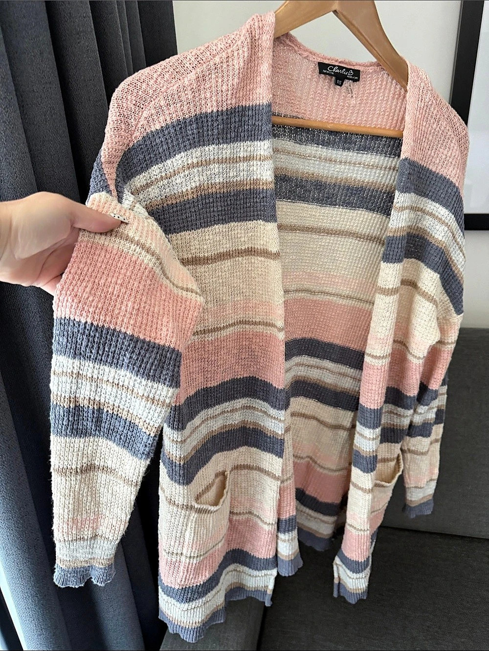 Colour block Charlie B Open Front Striped Cardigan Pink & Gray